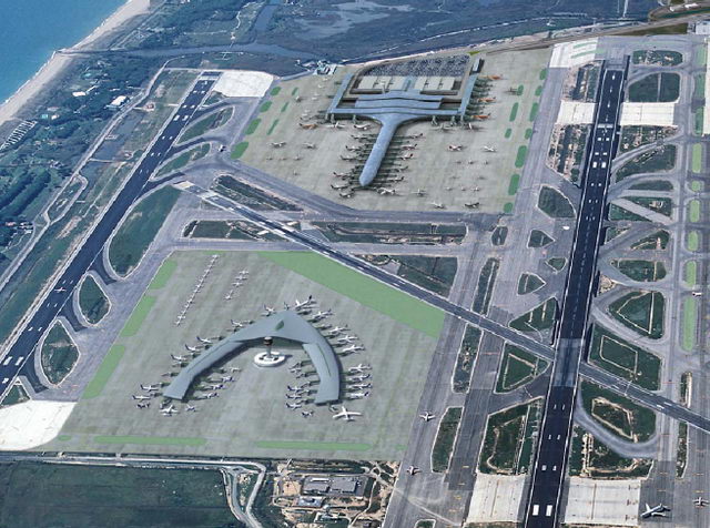 Render de como quedará toda la nueva área terminal interpistas del aeropuerto del Prat una vez construida la nueva terminal T1 y su terminal satélite